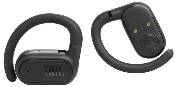 Schwarze drahtlose Kopfhörer mit Over-Ear-Haken, auf einer Seite mit dem JBL-Logo versehen. Entwickelt für einen sicheren Sitz während körperlicher Aktivitäten.