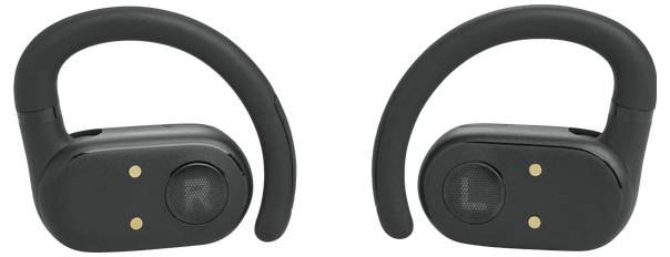 Schwarze kabellose Ohrhörer mit Ohrbügeln, mit 'R' und 'L' gekennzeichnet, entwickelt für einen sicheren Sitz bei aktiver Nutzung.