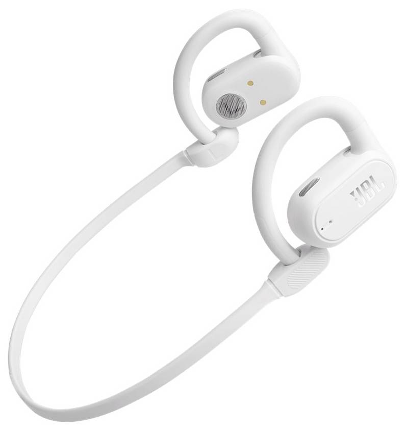 Weiße kabellose Kopfhörer mit Ohrbügeln und einem verbindenden Band, entwickelt für einen sicheren Sitz während körperlicher Aktivitäten.