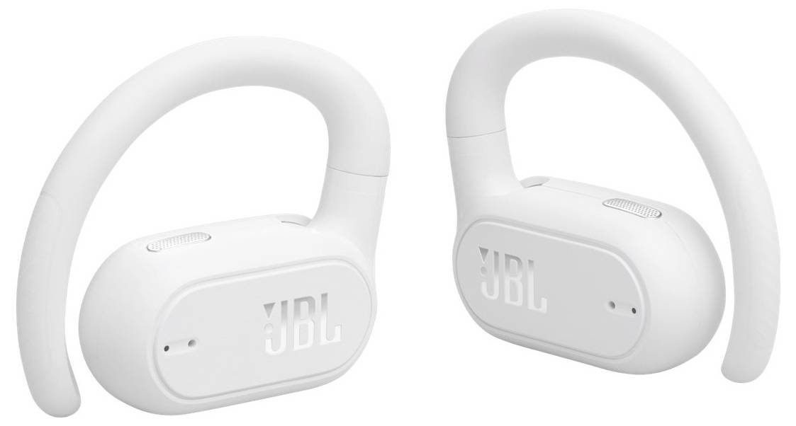Weiße JBL kabellose Kopfhörer mit Over-Ear-Bügeln, entwickelt für einen sicheren Sitz und komfortables Tragen während körperlicher Aktivitäten oder im täglichen Gebrauch.