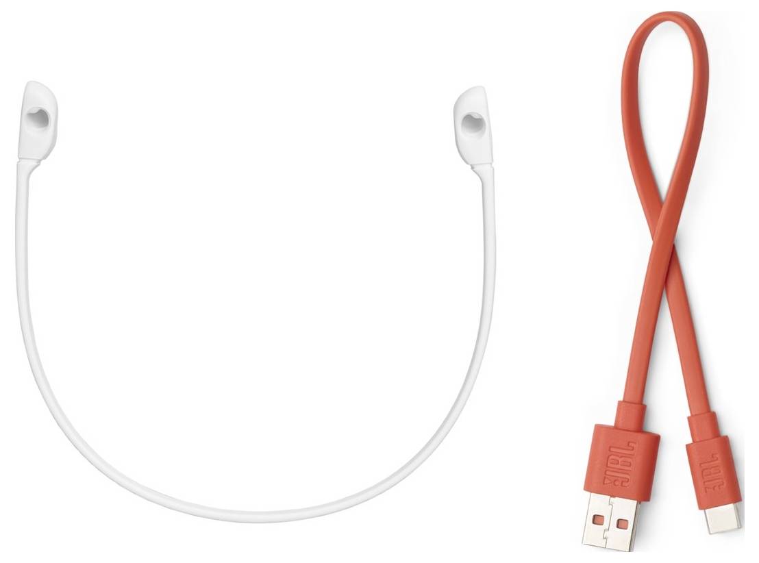 Zwei USB-Kabel nebeneinander: ein weißes Kabel mit Schlaufen an beiden Enden und ein orangefarbenes Kabel mit USB-A- und Micro-USB-Anschlüssen.