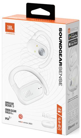 Box der JBL Soundgear Sense Kopfhörer, mit offener Ohrhörer-Design, 24-Stunden-Akkulaufzeit, IP54-Schutzklasse und Text ‚kristallklare Anrufe'.