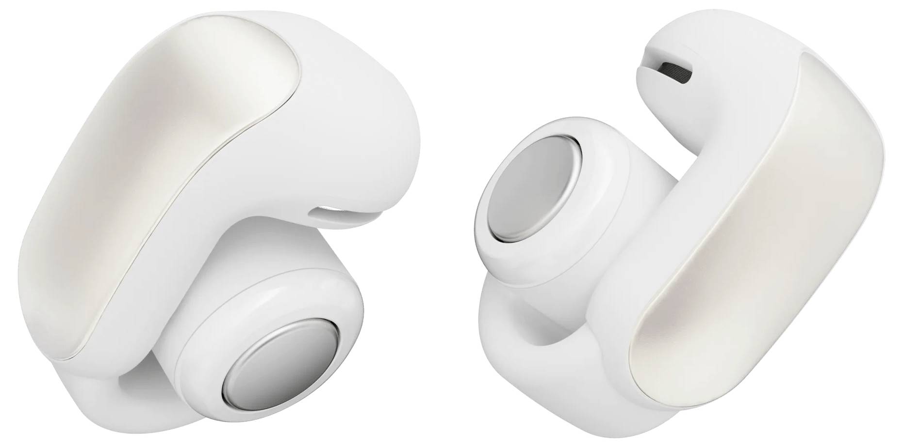 Zwei weiße kabellose Ohrhörer mit einem glatten, abgerundeten Design und berührungsempfindlichen Steuerelementen auf der Oberfläche.