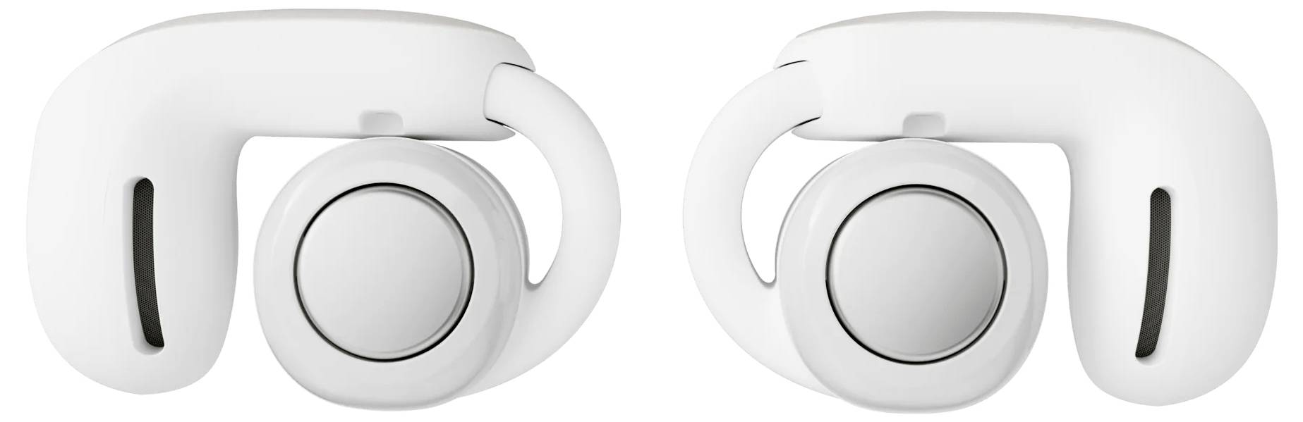 Weiße Ohrstöpsel mit elegantem, modernem Design, ausgestattet mit einem kreisförmigen Körper und gebogenen Haken für einen sicheren Sitz.