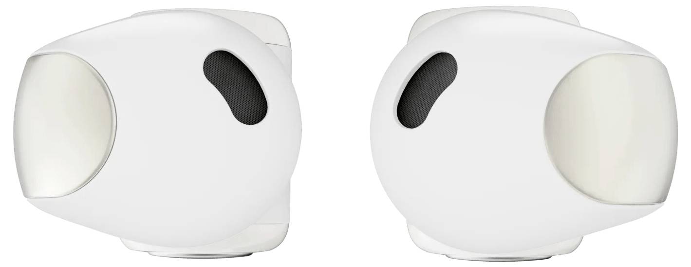 Zwei weiße, sphärische Lautsprecher mit schwarzen ovalen Designs stehen sich vor einem weißen Hintergrund gegenüber.