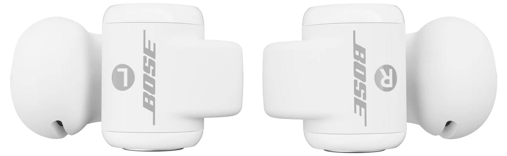 Zwei weiße kabellose Ohrhörer mit 'Bose' Branding, von der Seite gezeigt, wobei Designmerkmale einschließlich Links- und Rechts-Indikatoren hervorgehoben werden.