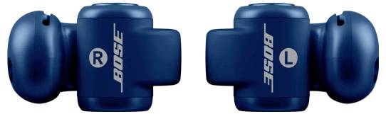 Blaue kabellose Ohrhörer mit 'R'- und 'L'-Beschriftungen zur Kennzeichnung der rechten und linken Seite, versehen mit dem Bose-Logo auf jedem Hörer.