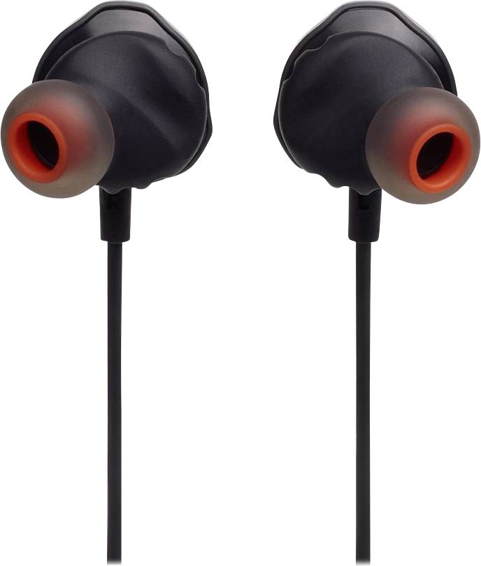 Schwarze kabelgebundene In-Ear-Kopfhörer mit orangefarbenen und schwarzen Ohrhörern, die die Vorderseite der Ohrhörer zeigen.