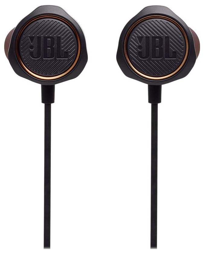 Schwarze JBL In-Ear-Kopfhörer mit runden Ohrhörern und Kupfer-Akzenten.