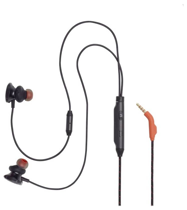 Schwarze In-Ear-Kopfhörer mit roten Ohrstöpseln und einem kabelgebundenen 3,5-mm-Klinkenstecker. Inklusive Inline-Mikrofon und Steuerungstasten.