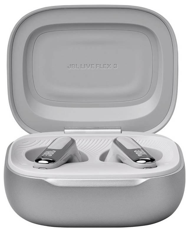 Silberne kabellose Kopfhörer in einem geöffneten grauen Ladeetui, mit der Aufschrift 