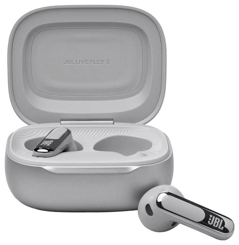 Silberne In-Ear-Kopfhörer mit elegantem Stegdesign, die neben einem offenen Ladeetui präsentiert werden. Das Innere des Etuis ist mit 'JBL LIVE FLEX 3' beschriftet.