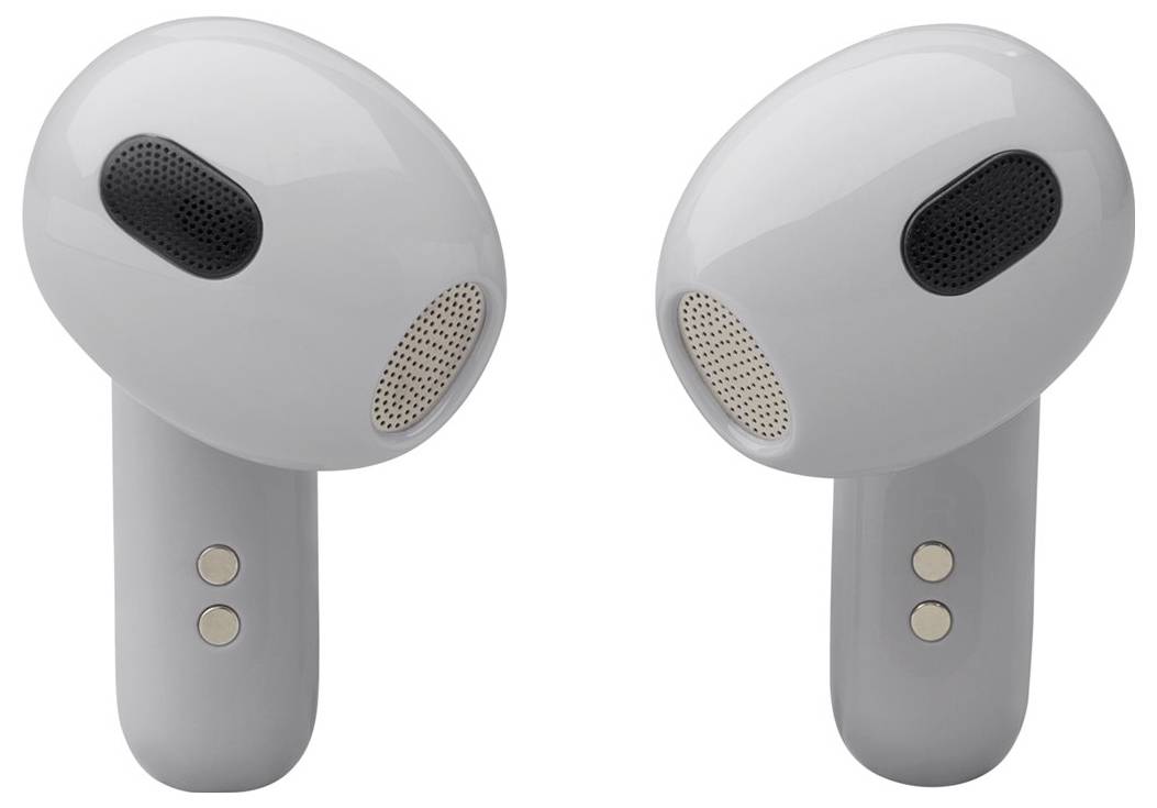 Zwei kabellose Ohrhörer mit elegantem Grau-Design, ausgestattet mit schwarzen Lautsprecherblenden und goldenen Sensoren an den Außenseiten für Touchsteuerung.