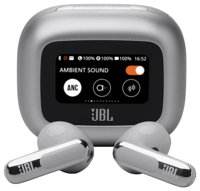 Ohrhörer mit einem Etui, das einen Bildschirm mit den Anzeigen 