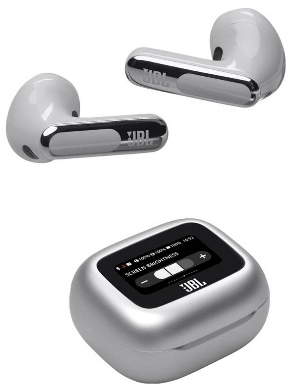 Zwei silberne kabellose Ohrhörer und ein Ladeetui mit digitaler Anzeige, die den Batteriestatus und die Bildschirmhelligkeit anzeigt.