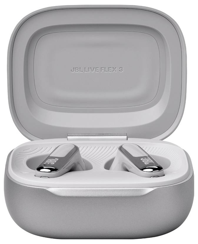 Silberne kabellose Kopfhörer mit einer Hülle, die mit 'JBL LIVE FLEX 3' beschriftet ist.