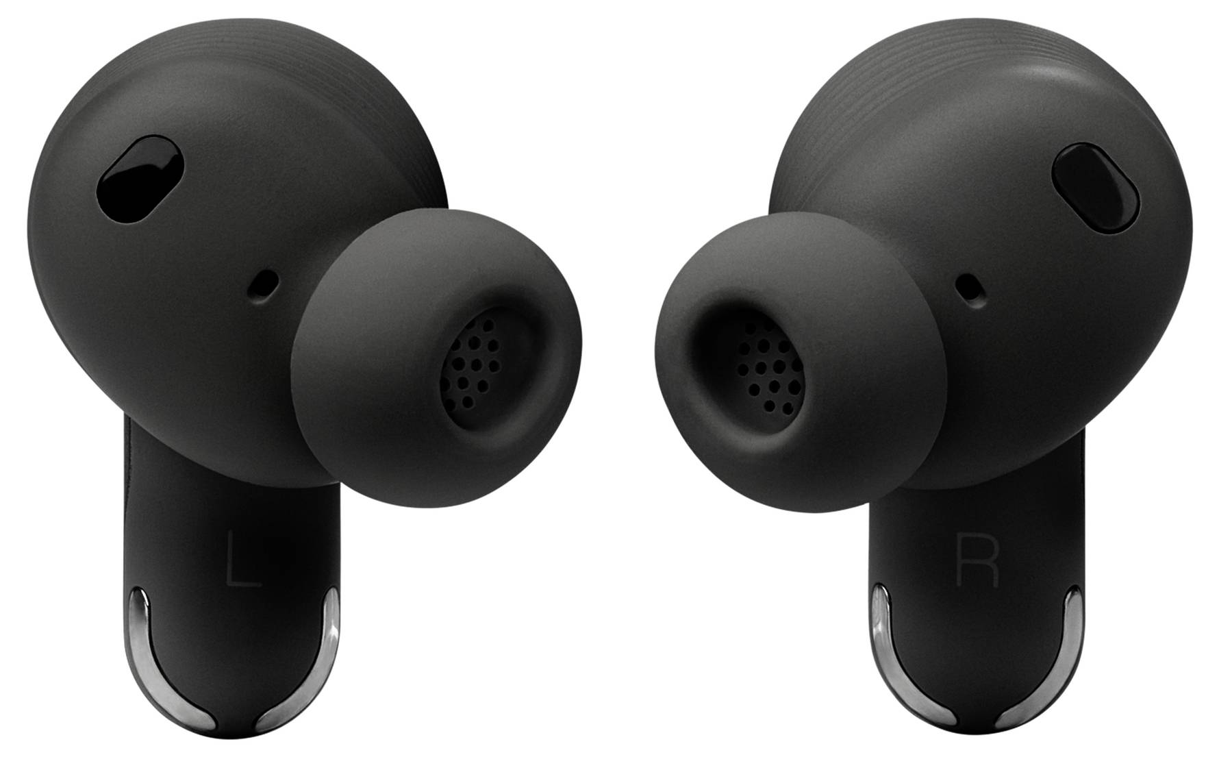 Zwei schwarze kabellose Ohrhörer mit den Beschriftungen 