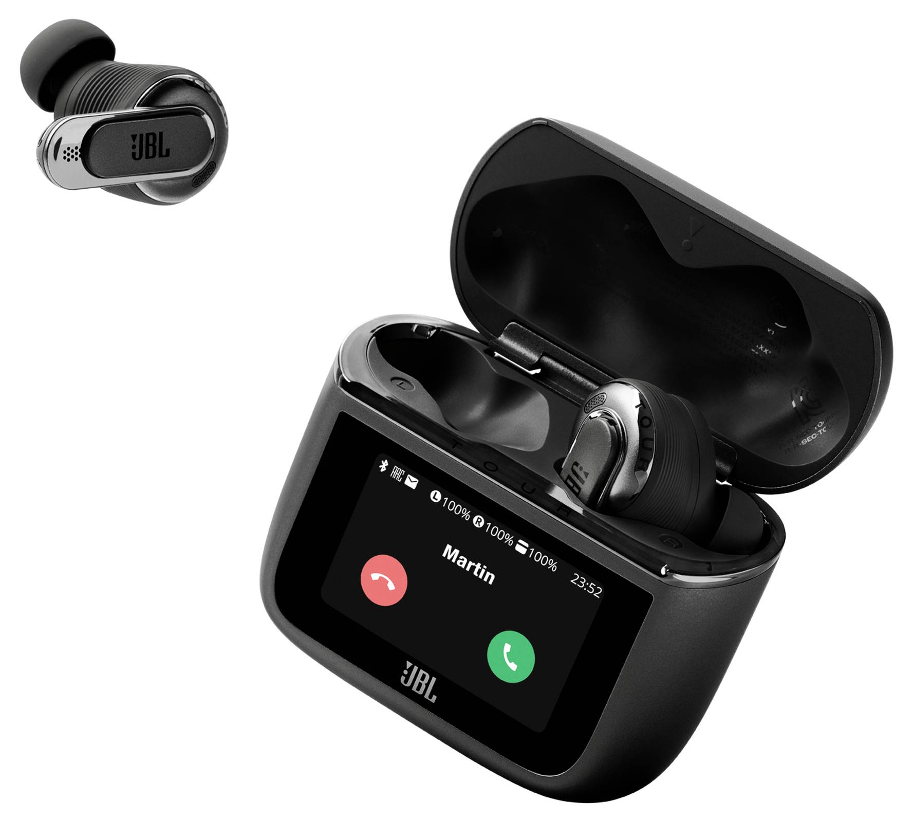 Kabellose Kopfhörer mit einem intelligenten Ladeetui, das einen Anruf von 'Martin' auf dem Bildschirm anzeigt. Ein Kopfhörer befindet sich außerhalb des Etuis.