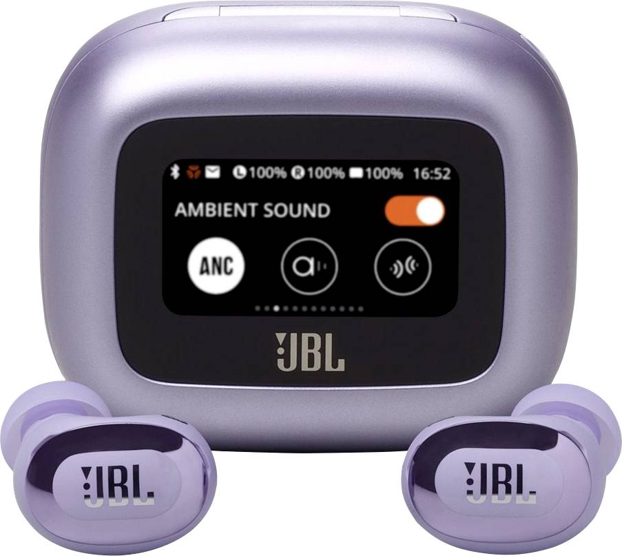 Lila JBL kabellose Kopfhörer mit einer Ladebox, die einen Displaybildschirm besitzt. Der Bildschirm zeigt ANC (Active Noise Cancelling) und Akkustand.