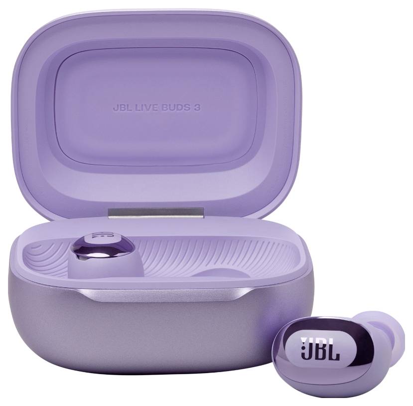 Lila drahtlose Ohrhörer in einem offenen Ladeetui mit dem 'JBL' Logo. Die Ohrhörer sind so positioniert, dass ihr ergonomisches Design sichtbar ist.