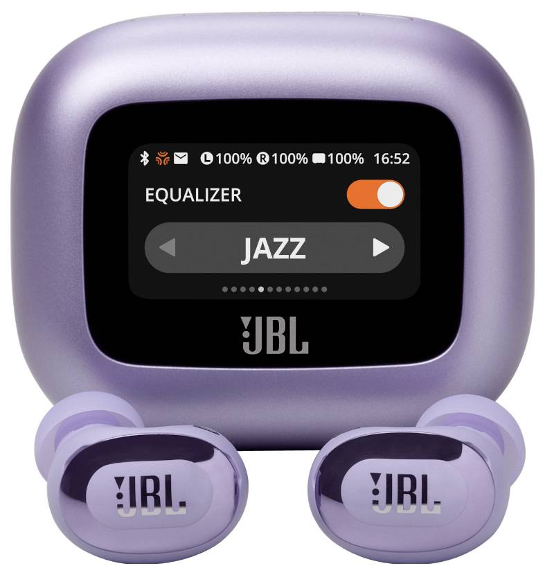 Lila JBL kabellose Ohrhörer mit einer quadratischen Ladehülle, deren Display den Equalizer im 'JAZZ'-Modus anzeigt.