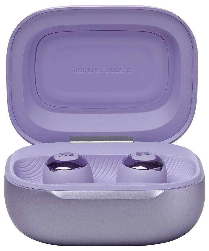 Lila kabellose Ohrhörer in einem offenen Ladeetui, im Deckel mit der Aufschrift 