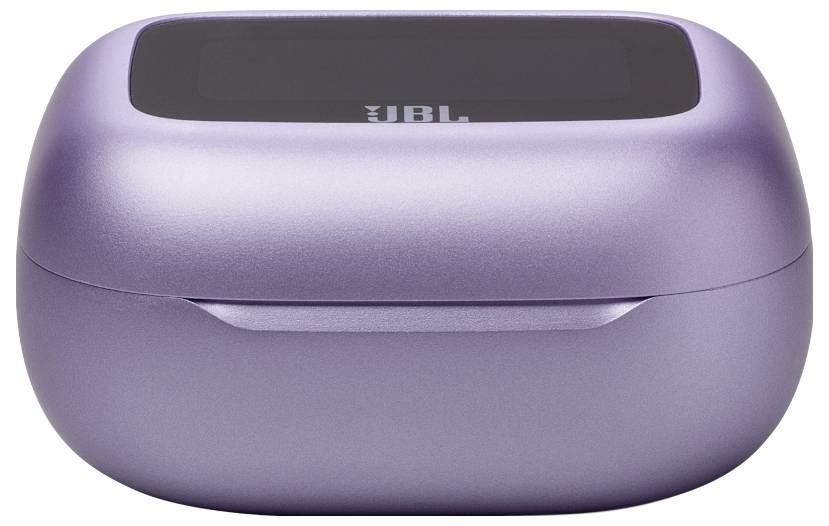Eine elegante, lila Ladehülle für kabellose Ohrhörer, mit einem kleinen Display auf der Oberseite, auf dem ein Teil des Branding sichtbar ist.