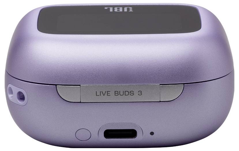 Violette Ladehülle für kabellose Ohrhörer, mit einem USB-C-Anschluss auf der Vorderseite und dem Etikett 