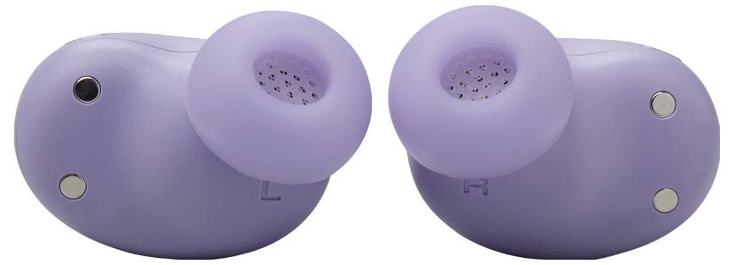 Lila kabellose Ohrhörer auf einem weißen Hintergrund, die linken und rechten Ohrhörer mit 'L' und 'R' gekennzeichnet.