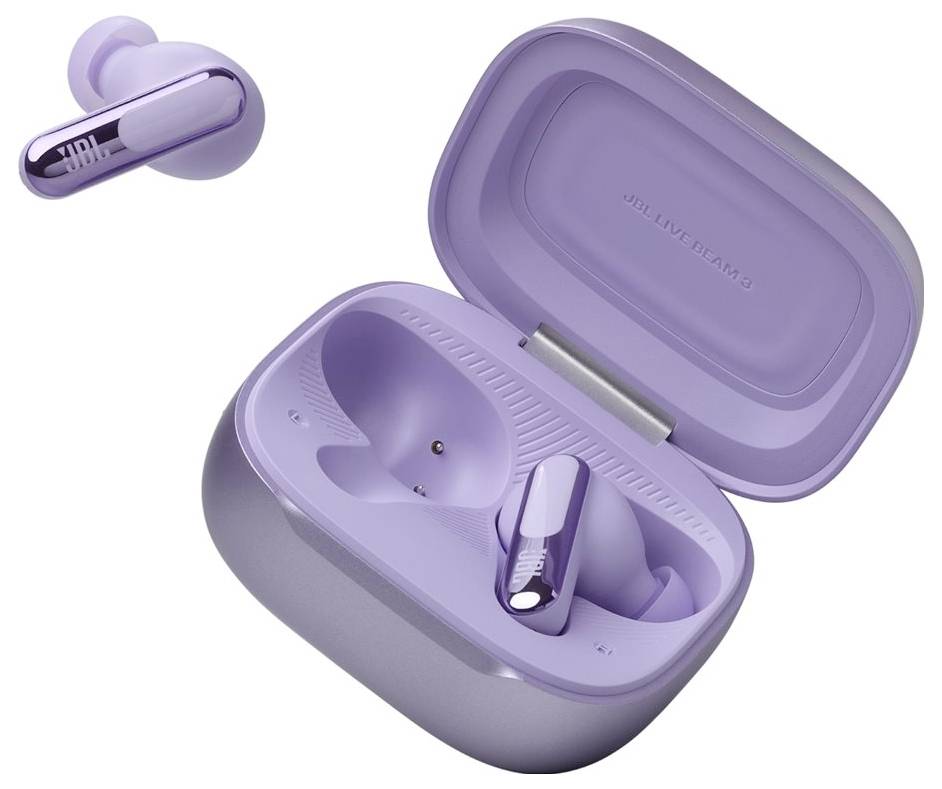 Lila JBL kabellose Kopfhörer mit Ladeetui, geöffnet, um einen einzelnen Ohrhörer im Inneren zu zeigen.