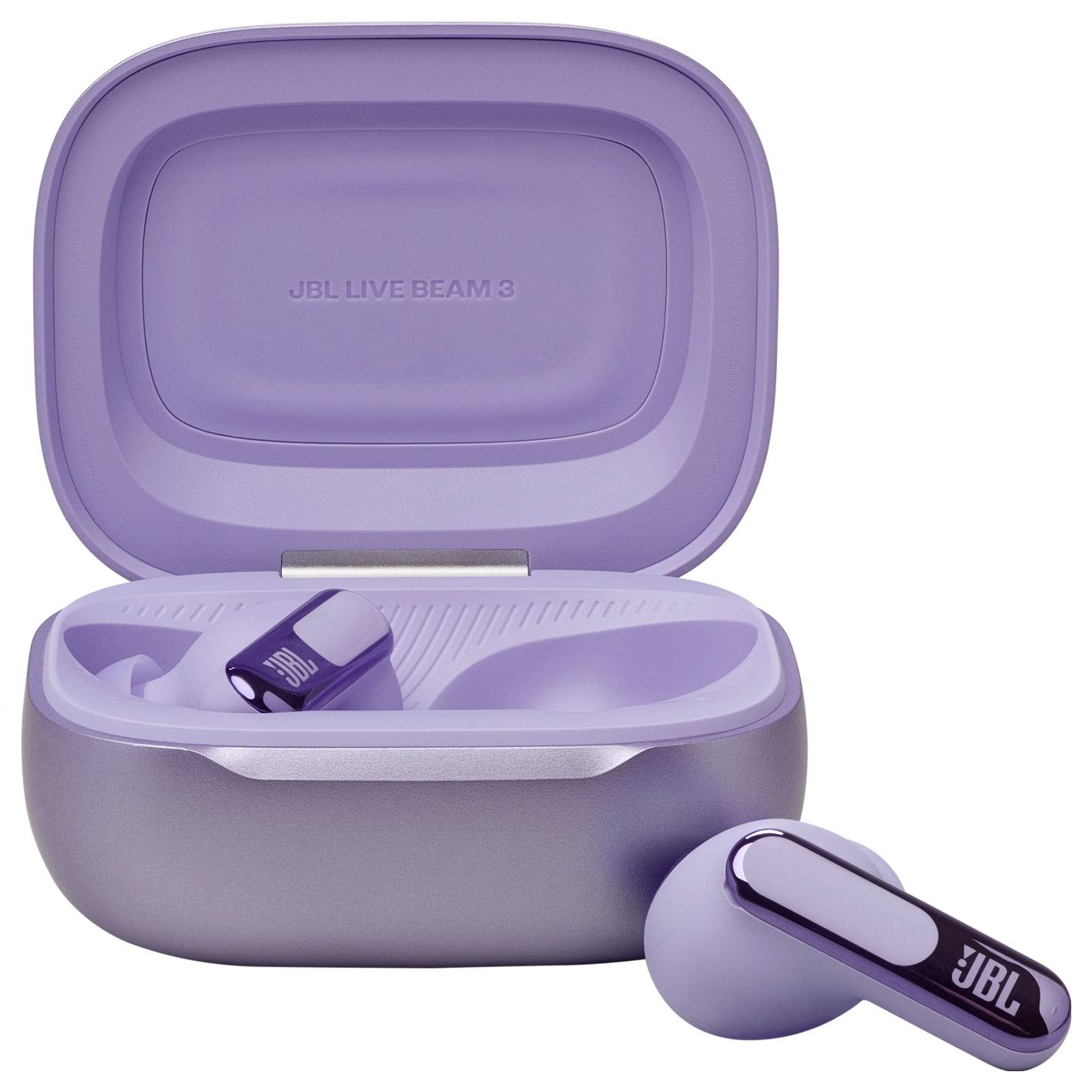 Eine geöffnete, lila Ohrhörer-Ladebox mit dem Text 