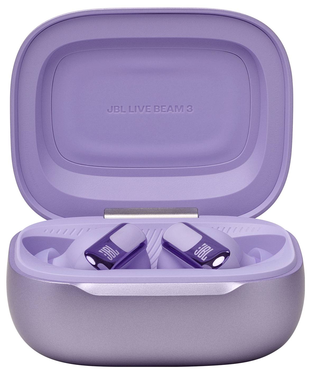 Lila JBL-Wireless-Ohrhörer in einem offenen Ladeetui vor einem weißen Hintergrund. Der Text 
