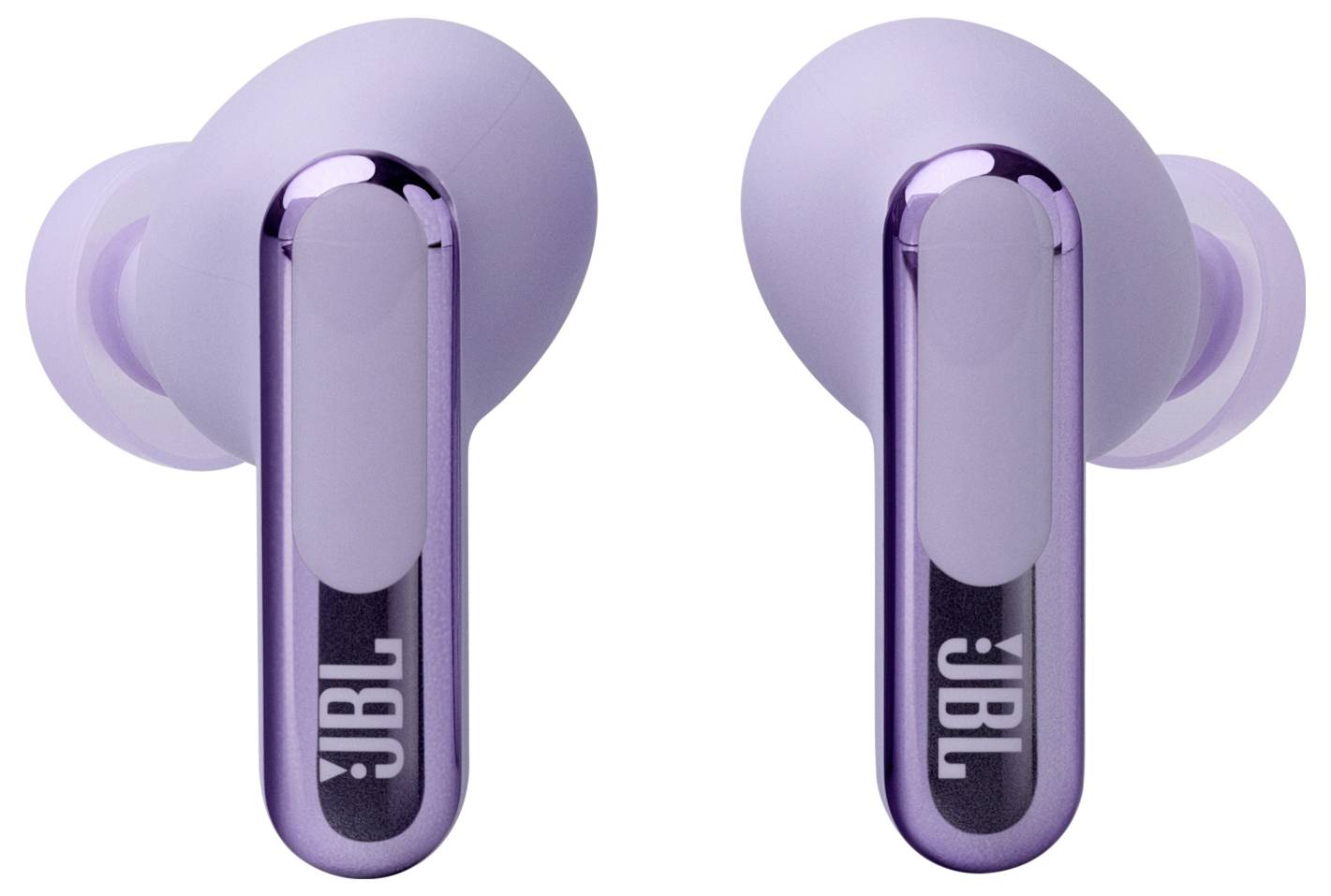 Lila JBL kabellose Ohrhörer mit reflektierenden Akzenten, von vorne gezeigt.
