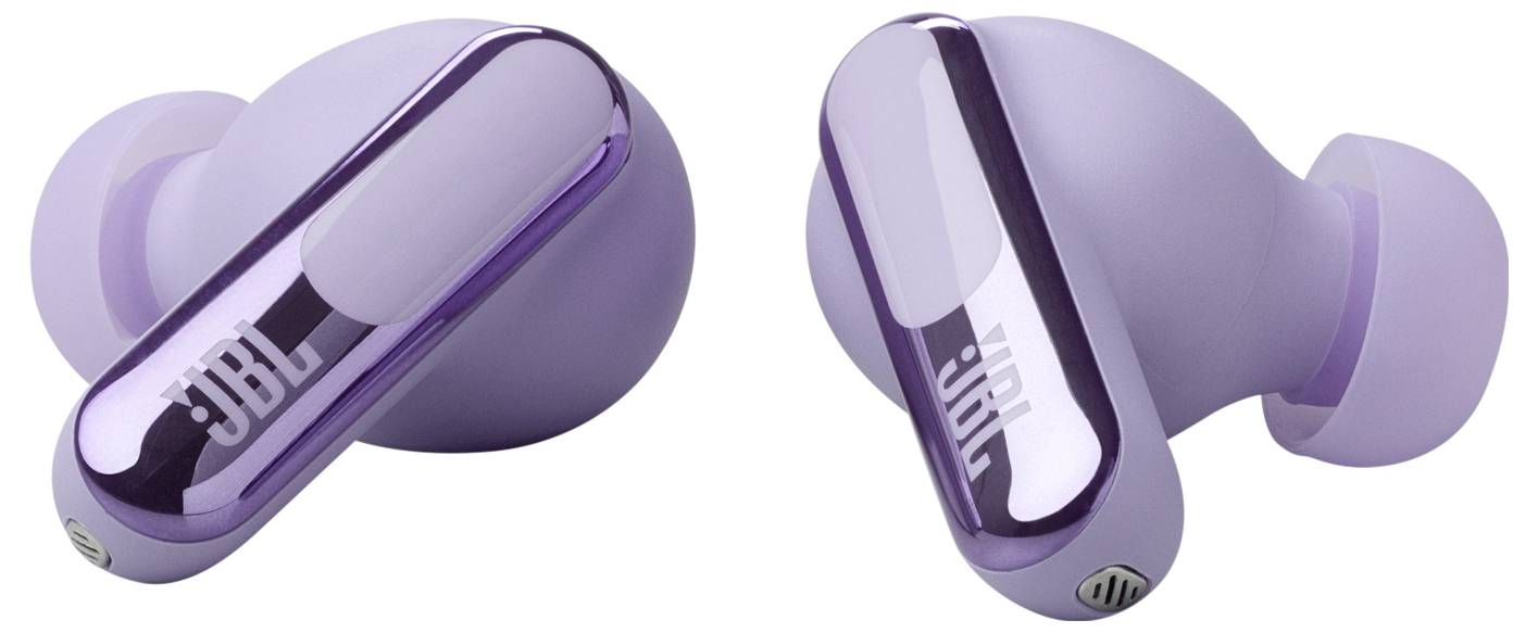 Lila JBL-Ohrhörer mit glänzender Oberfläche, auf der das JBL-Logo präsentiert wird.