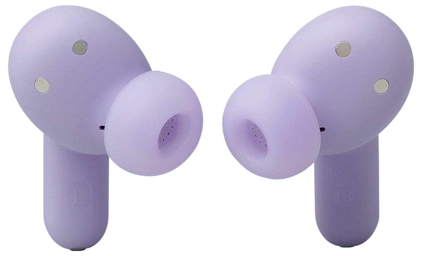 Lila kabellose Ohrhörer, links und rechts, mit Silikonspitzen und winzigen goldenen Kontaktpunkten zum Aufladen, in einem ergonomischen Winkel angeordnet.