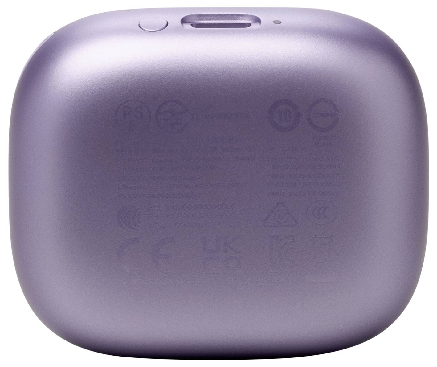 Ein lila, abgerundet rechteckiges Gerät mit einem Ladeanschluss und einem Einschaltknopf oben.