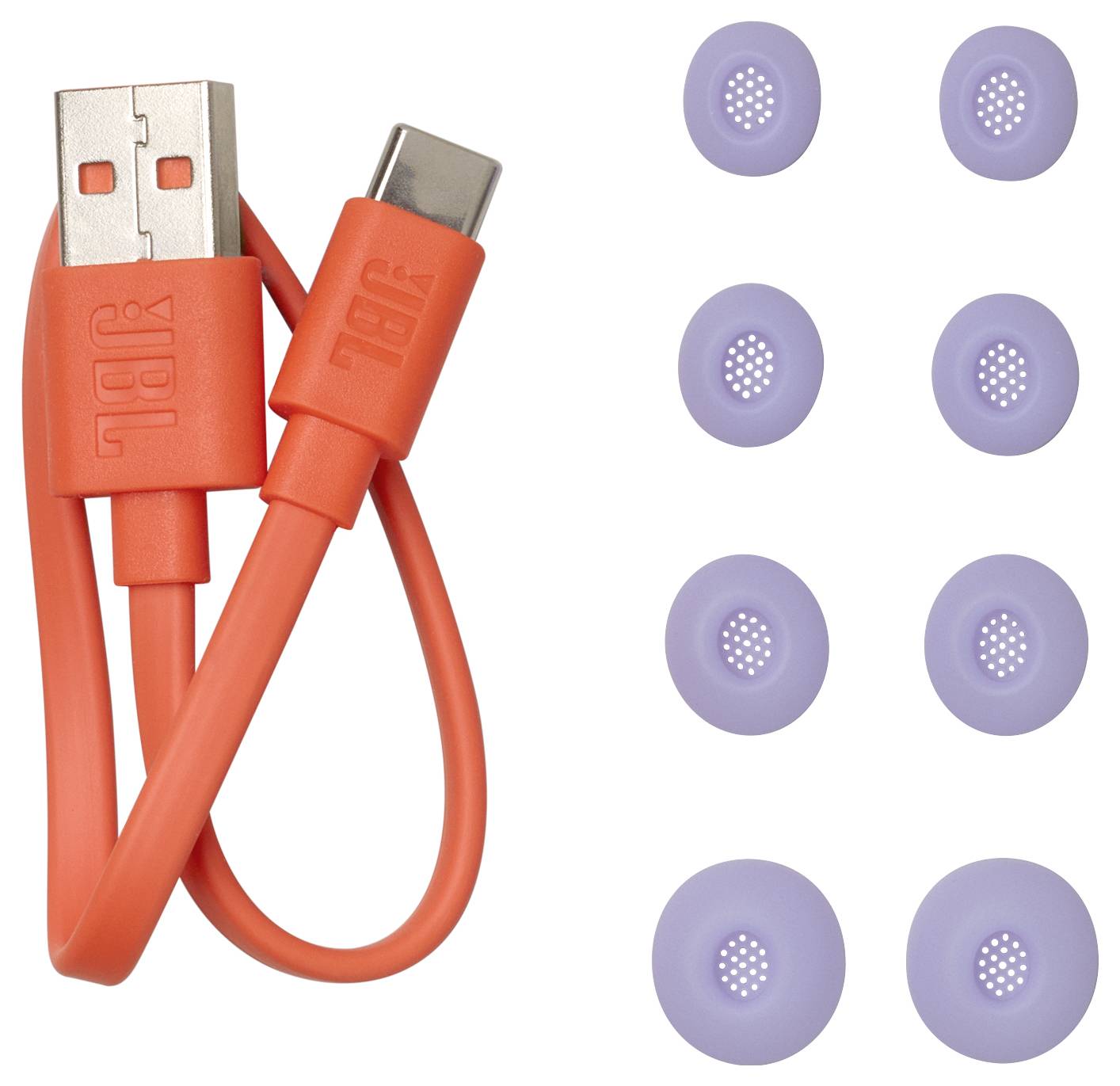 Ein orangefarbenes USB zu USB-C Ladekabel und acht lila runde Kabelorganisatoren mit weißen Punkten.