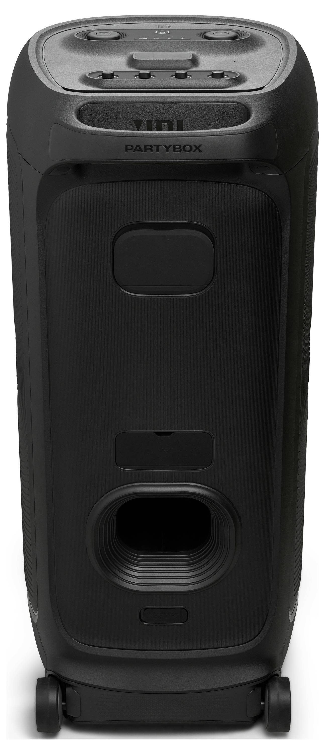 Ein schwarzer tragbarer Party-Lautsprecher mit Rollen und Griff für einfachen Transport.