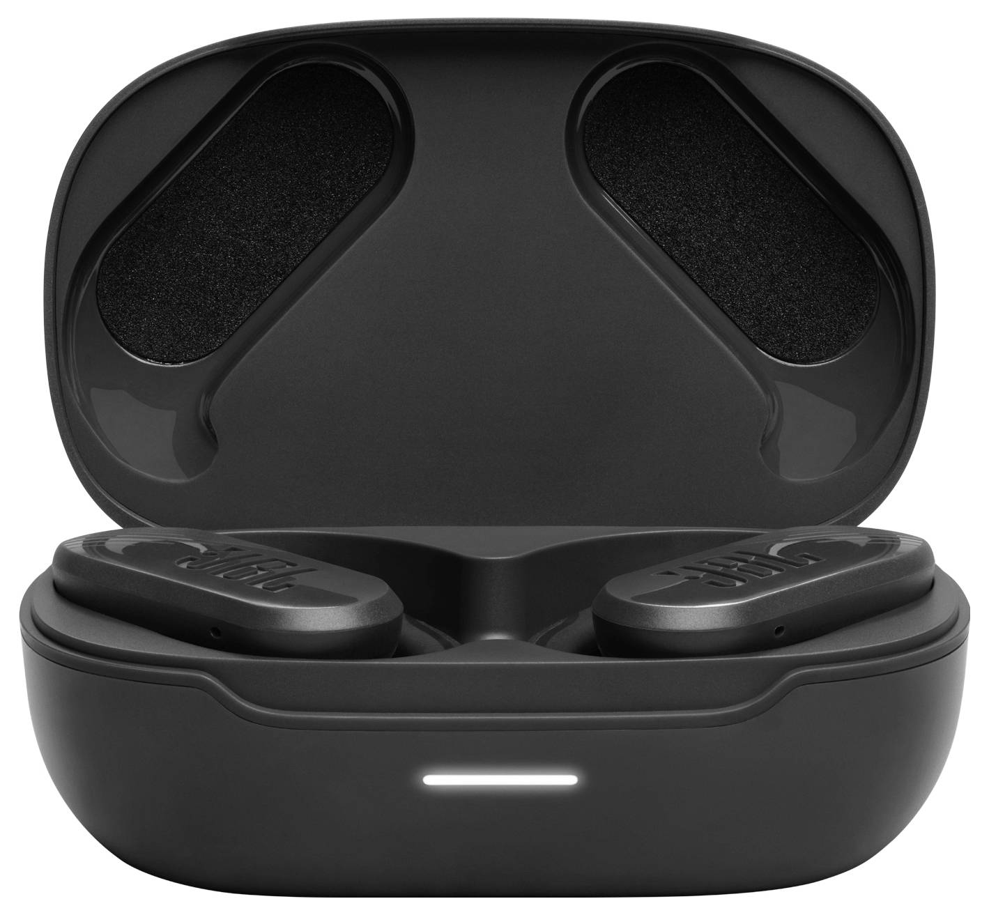 Schwarze drahtlose Kopfhörer in einem geöffneten Ladeetui, LED-Anzeige leuchtet weiß.