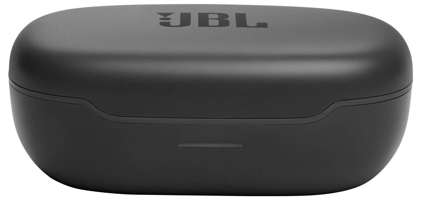 Schwarzes JBL-Wireless-Earbuds-Ladeetui mit Logo auf der Oberseite, geschlossen.