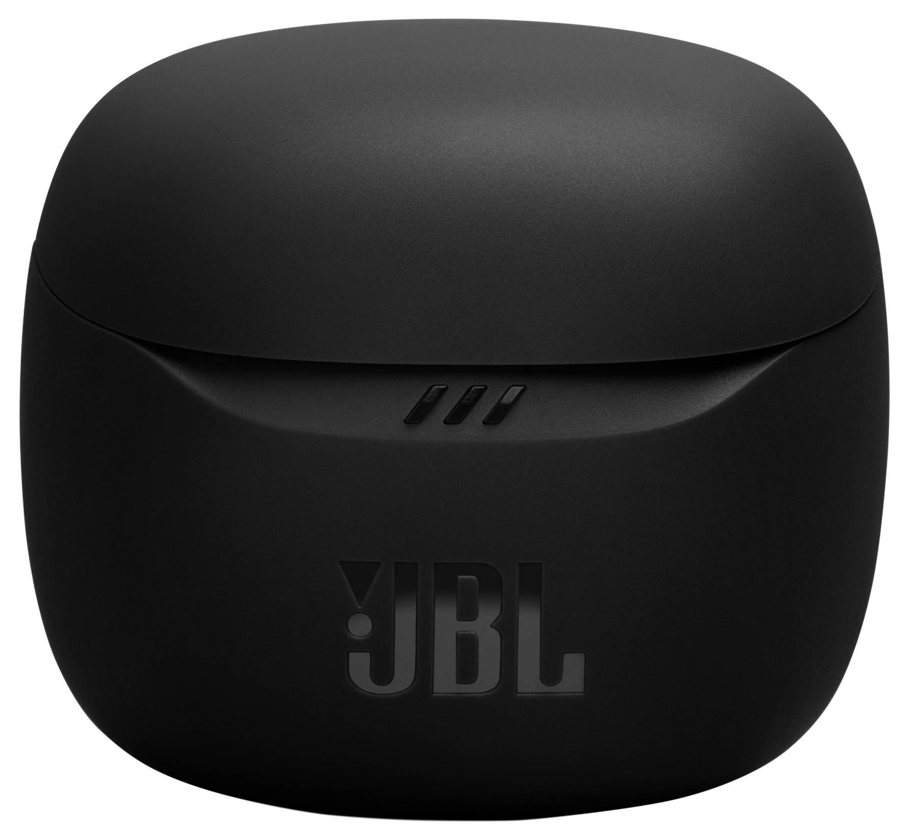 Schwarze JBL-Ohrhörertasche mit geschlossenem Deckel, mit geprägtem JBL-Logo auf der Vorderseite.