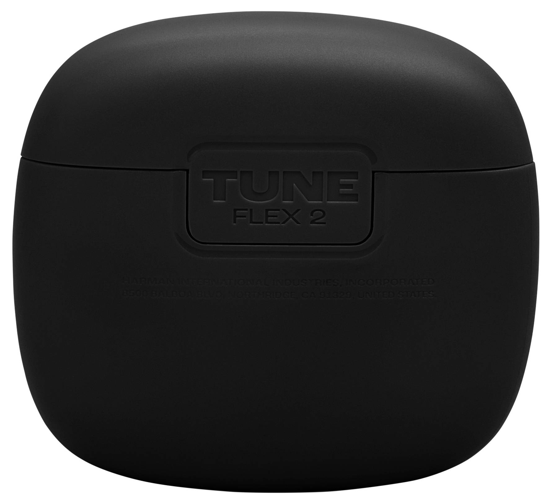 Eine geschlossene schwarze Hülle mit der Prägung 'TUNE FLEX 2' auf dem Deckel, wahrscheinlich für Ohrhörer oder Kopfhörer.