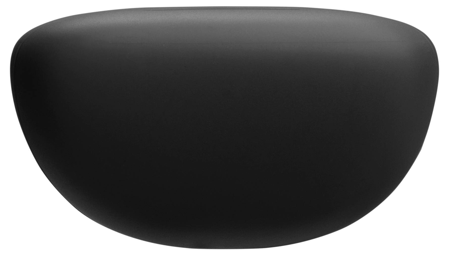 Eine schwarze, glatte Oberfläche mit konvexer Form, die einer Hälfte eines Ovals ähnelt, möglicherweise ein modernes Möbelstück oder eine abstrakte Skulptur.