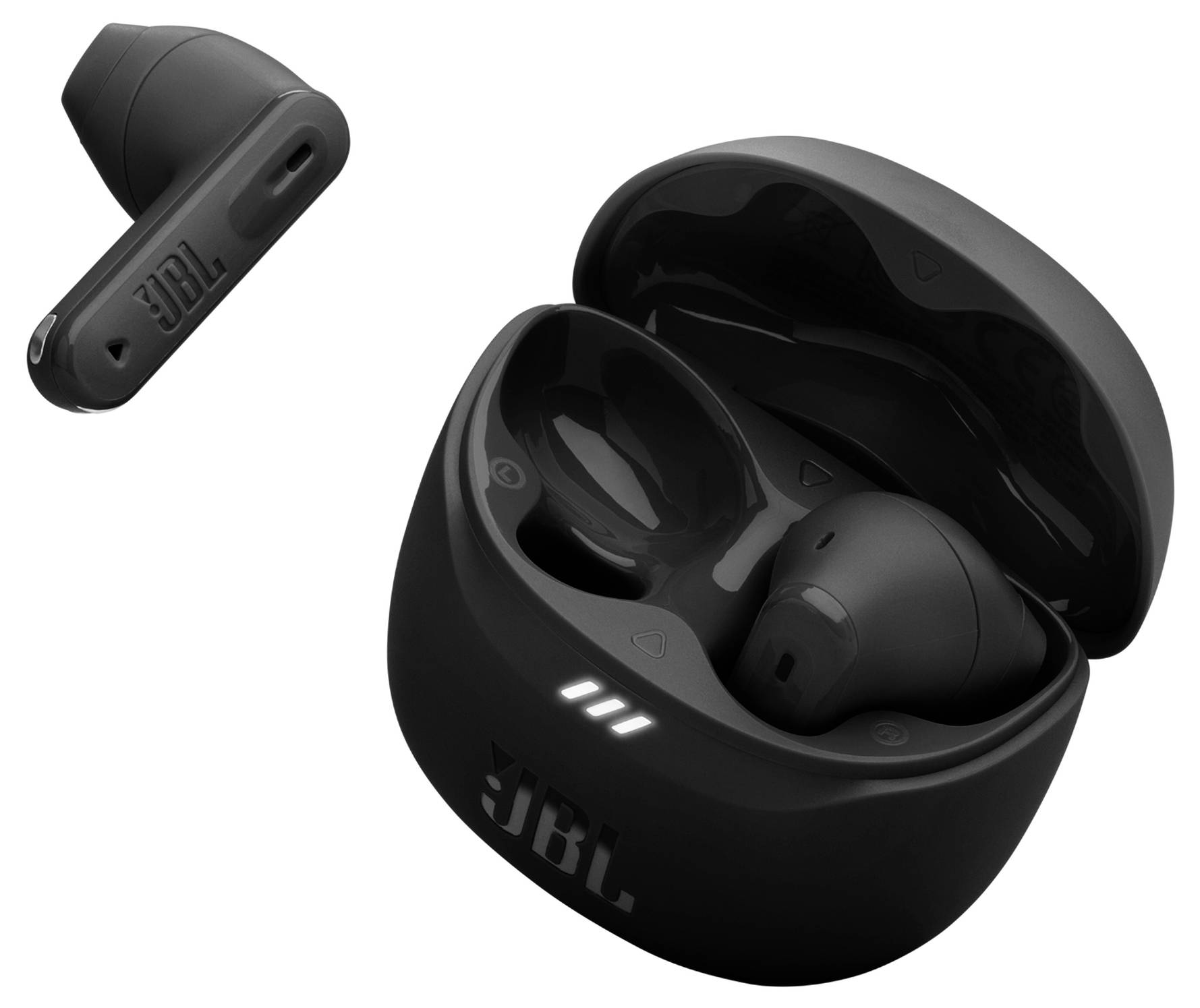 Schwarze kabellose Kopfhörer in einem offenen Ladecase, mit einem separaten Ohrhörer links, auf dem das Markenlogo sichtbar ist.