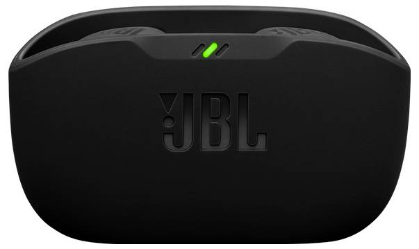 Schwarze JBL-Ohrhörer-Ladehülle mit einem kleinen grünen Anzeigelicht an der Vorderseite.