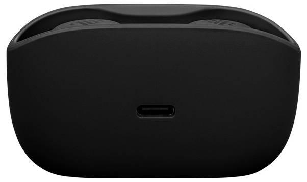 Schwarzes Ladeetui für Ohrhörer mit einem USB-C-Anschluss an der Vorderseite.