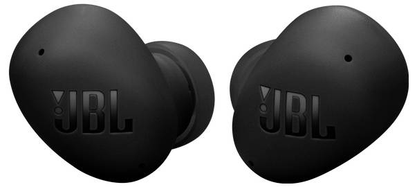 Schwarze JBL kabellose Kopfhörer mit einem eleganten, ergonomischen Design, auf dem jeder Kopfhörer das JBL-Logo präsentiert.