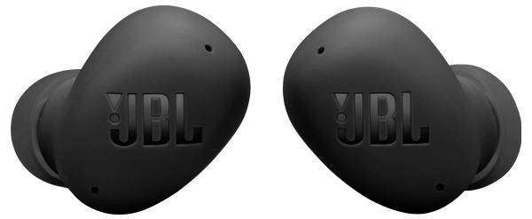 Schwarze kabellose Ohrhörer mit matter Oberfläche, auf denen das JBL-Logo auf jedem Earbud zu sehen ist.