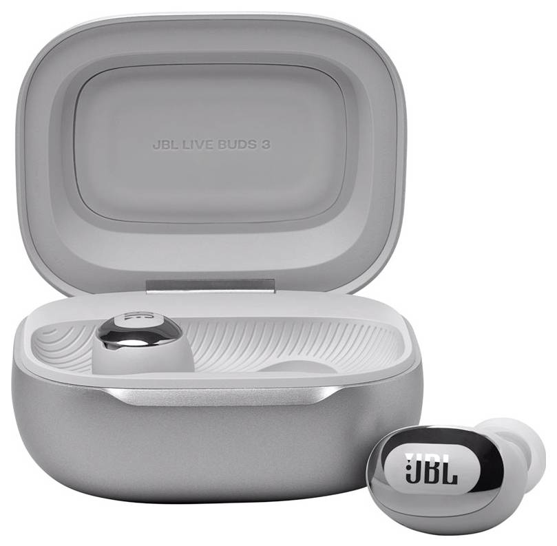 JBL Live Buds 3 In Ear Headset Kabellos, Bluetooth® Stereo Silber Noise Cancelling, Mikrofon-Rauschunterdrückung Ladecase, Batterieladeanzeige, Lau