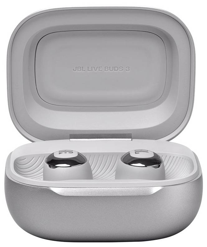 JBL Live Buds 3 In Ear Headset Kabellos, Bluetooth® Stereo Silber Noise Cancelling, Mikrofon-Rauschunterdrückung Ladecase, Batterieladeanzeige, Lau